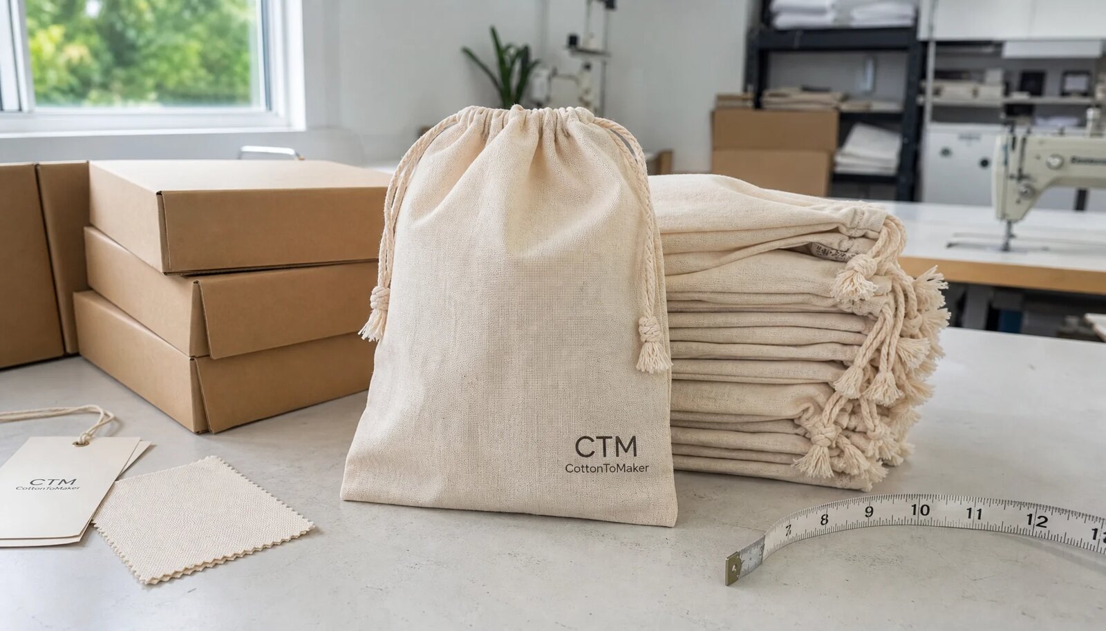 Cotton drawstring pouch with a small CTM sample logo in a factory sample room