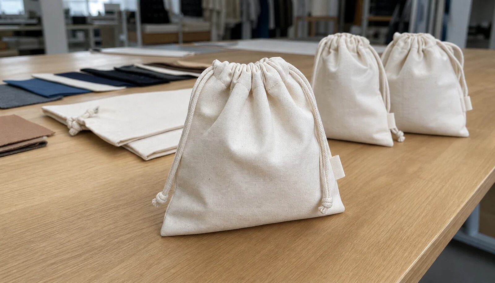 Cotton drawstring pouches with a simple CTM woven side label in a factory sample room