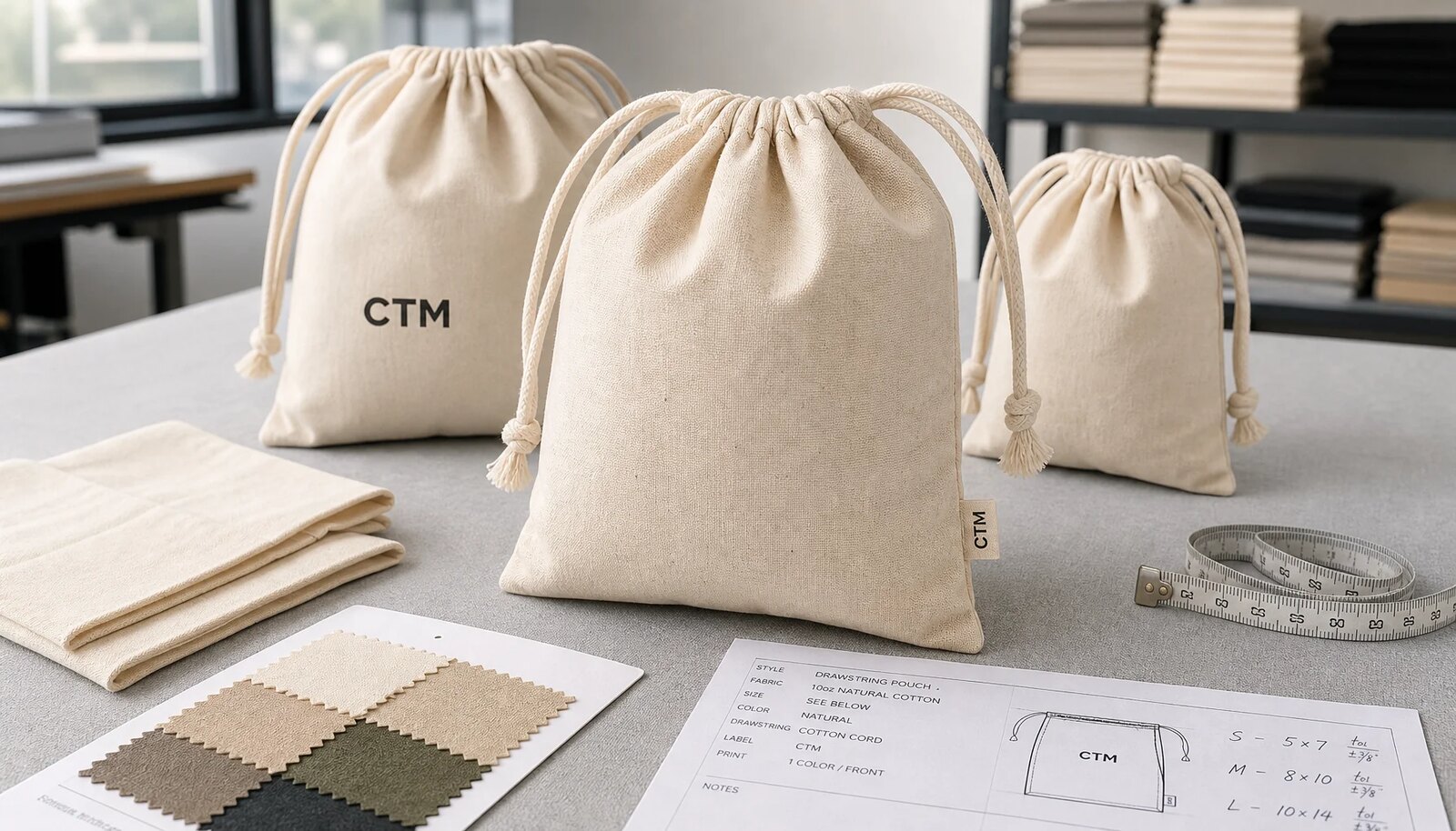 Natural cotton drawstring pouch samples with fabric swatches, stitching details, CTM side label, and printed CTM logo in a factory sample room