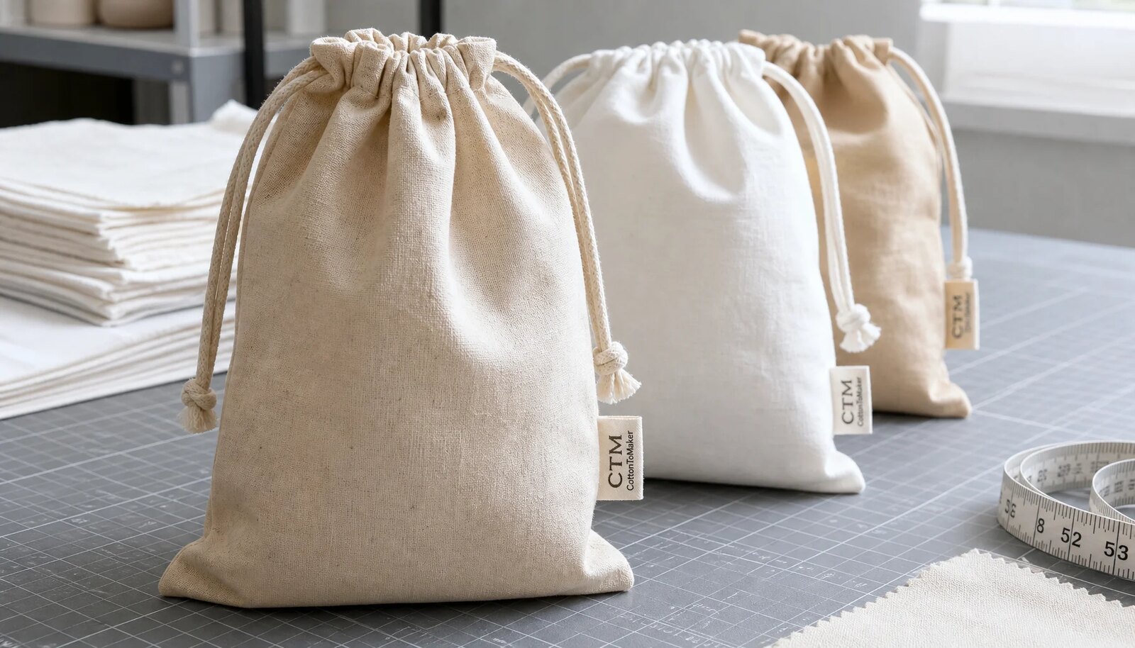 Cotton drawstring pouches with a simple CTM sample logo in a clean factory sample room for bulk buyer review.