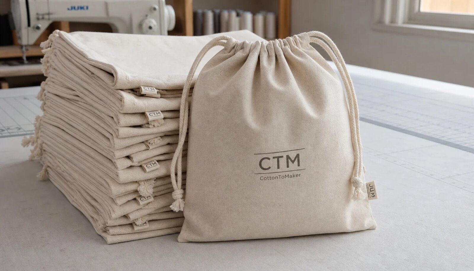 Cotton drawstring pouches with a small CTM woven label in a factory sample room