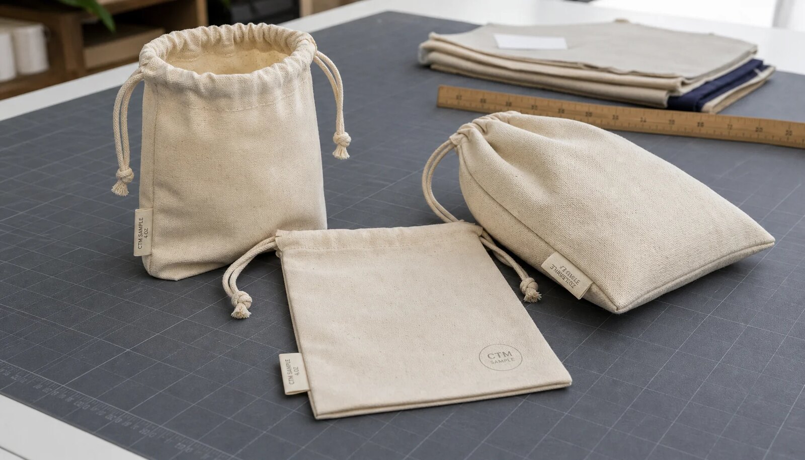 Natural cotton drawstring pouches with CTM sample logo showing fabric texture and drawcord construction
