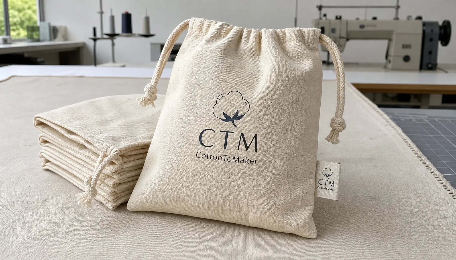 Natural cotton drawstring pouch with a small CTM CottonToMaker logo printed on the front in a clean sample room.