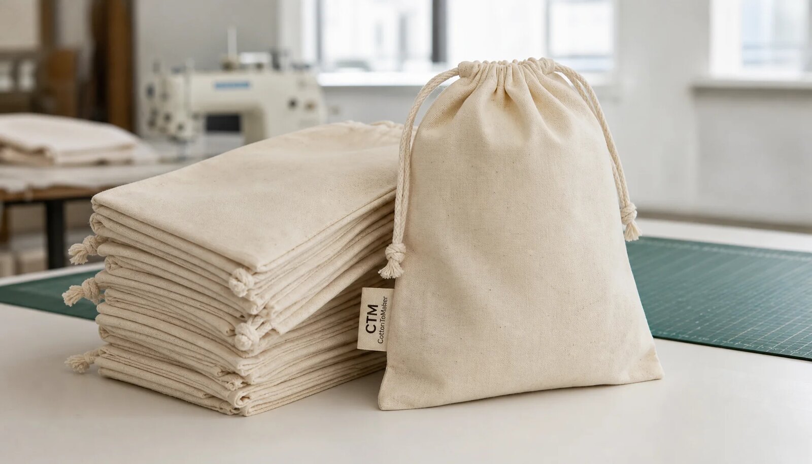 Natural cotton drawstring pouches with a small CTM CottonToMaker side label displayed in a factory sample room
