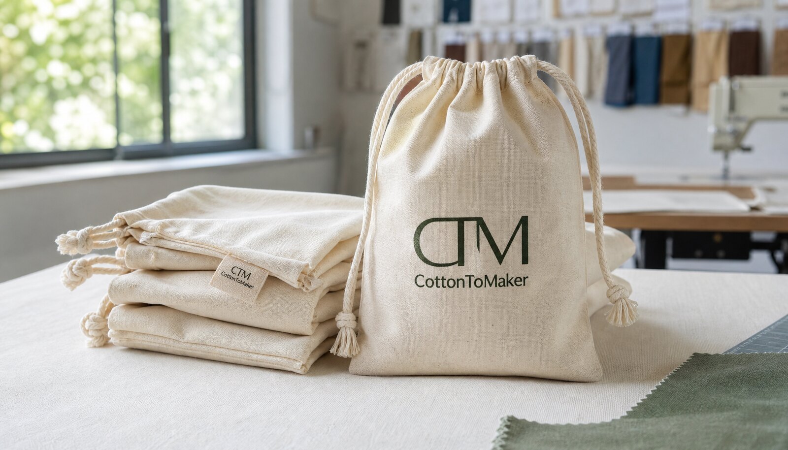 Photorealistic cotton drawstring pouch with a CTM CottonToMaker logo in a factory sample room