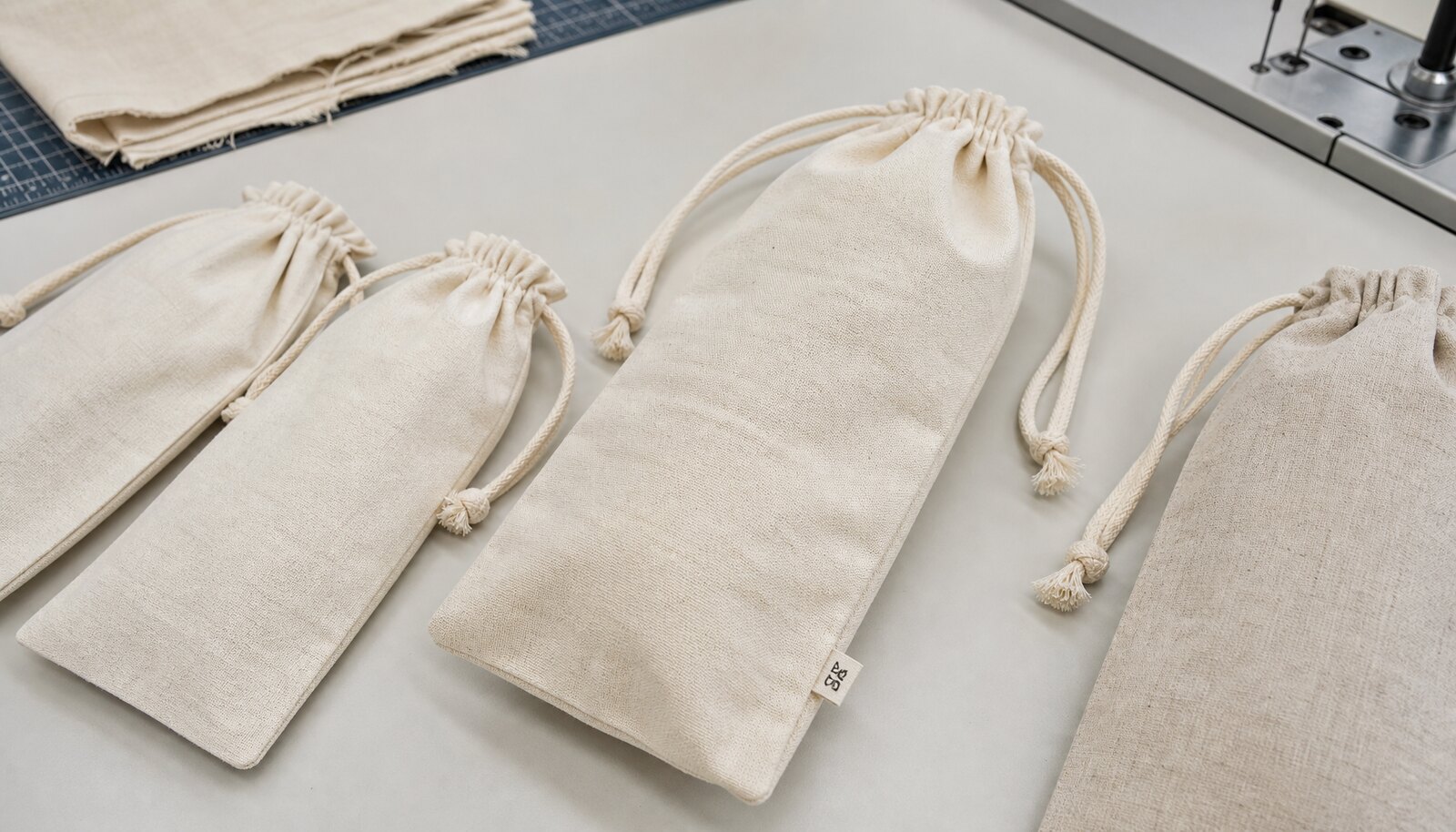 Cotton drawstring pouches with a sewn CTM sample label in a factory sample room