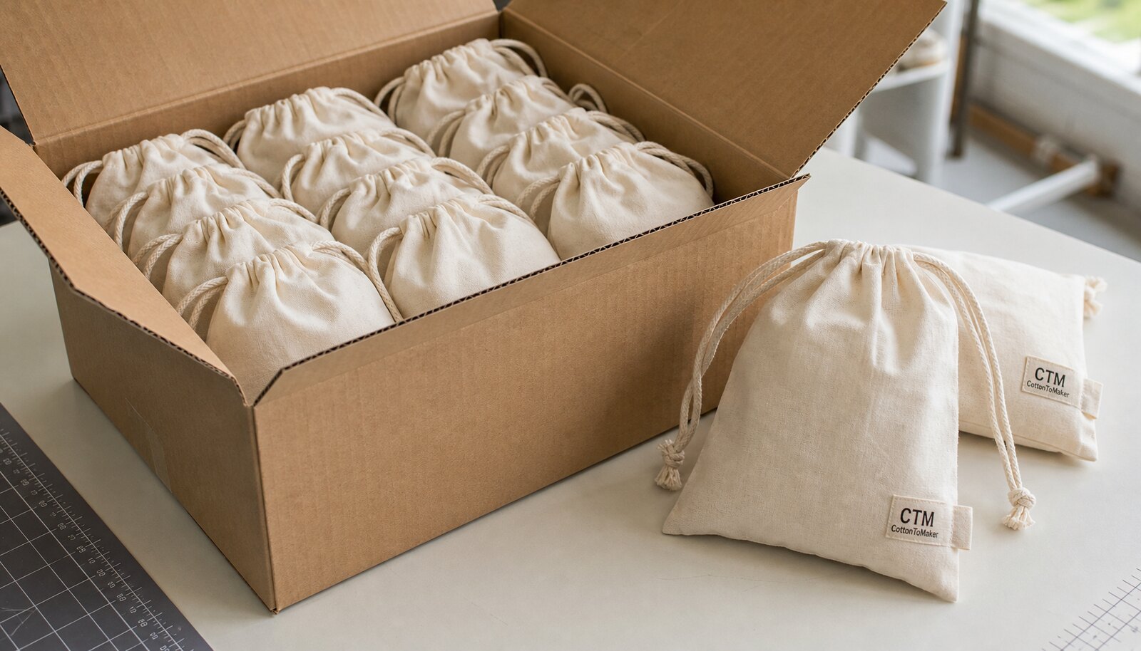 Cotton drawstring pouches packed in a shipping carton with a visible CTM side label in a factory sample room