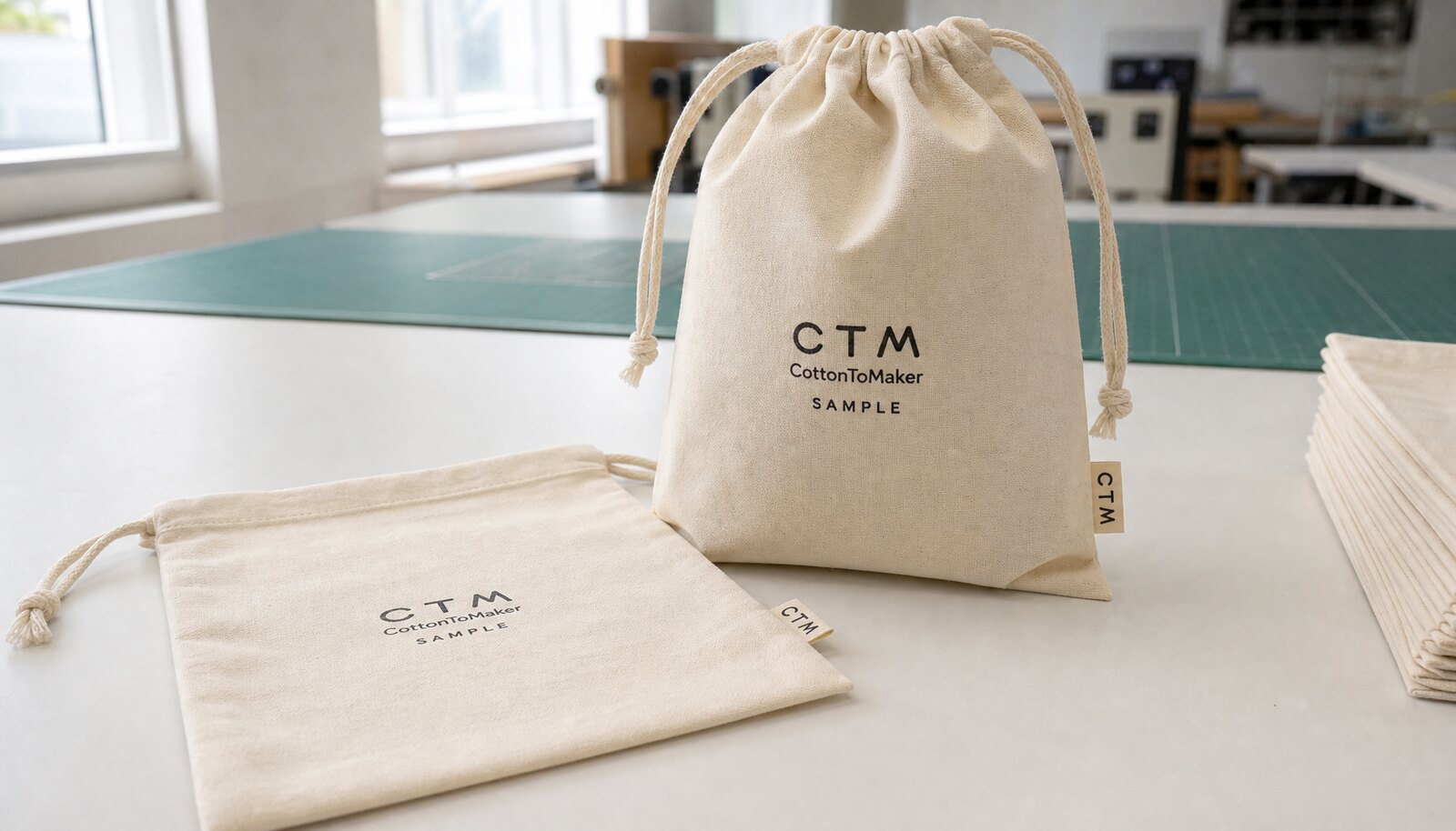 Natural cotton drawstring pouches with a CTM sample logo in a factory sample room.
