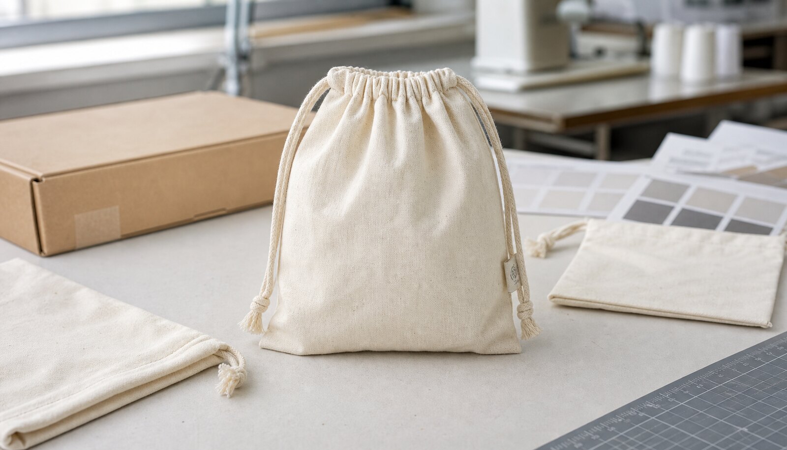 Natural cotton drawstring pouch with a small CTM/CottonToMaker sample logo shown in a clean sample room