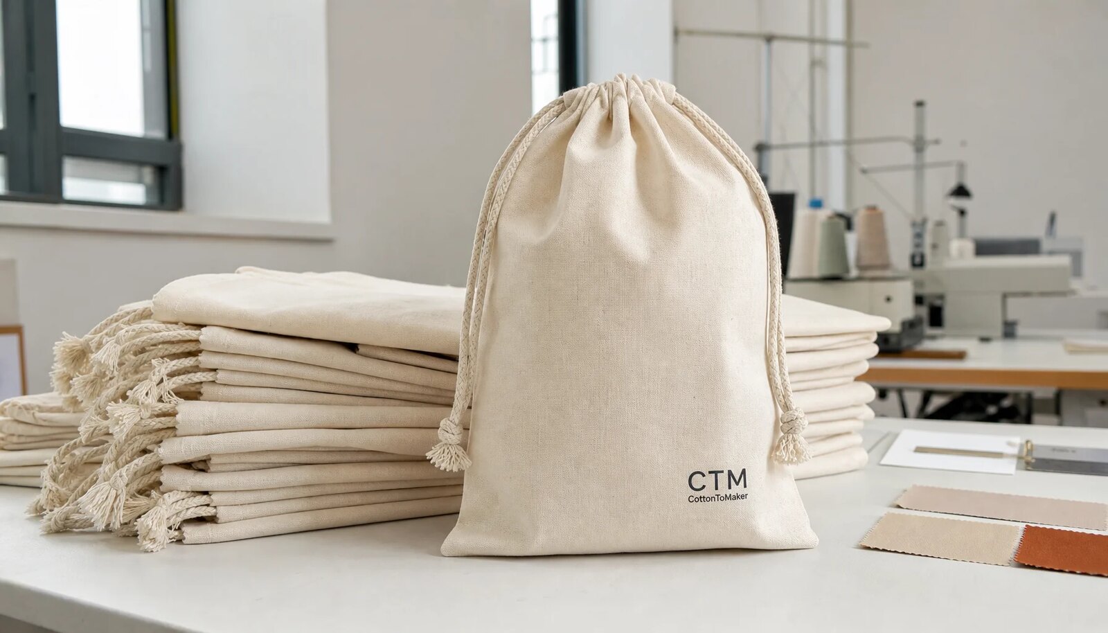 Natural cotton drawstring pouch in a sample room with a small CTM CottonToMaker logo printed on the front.