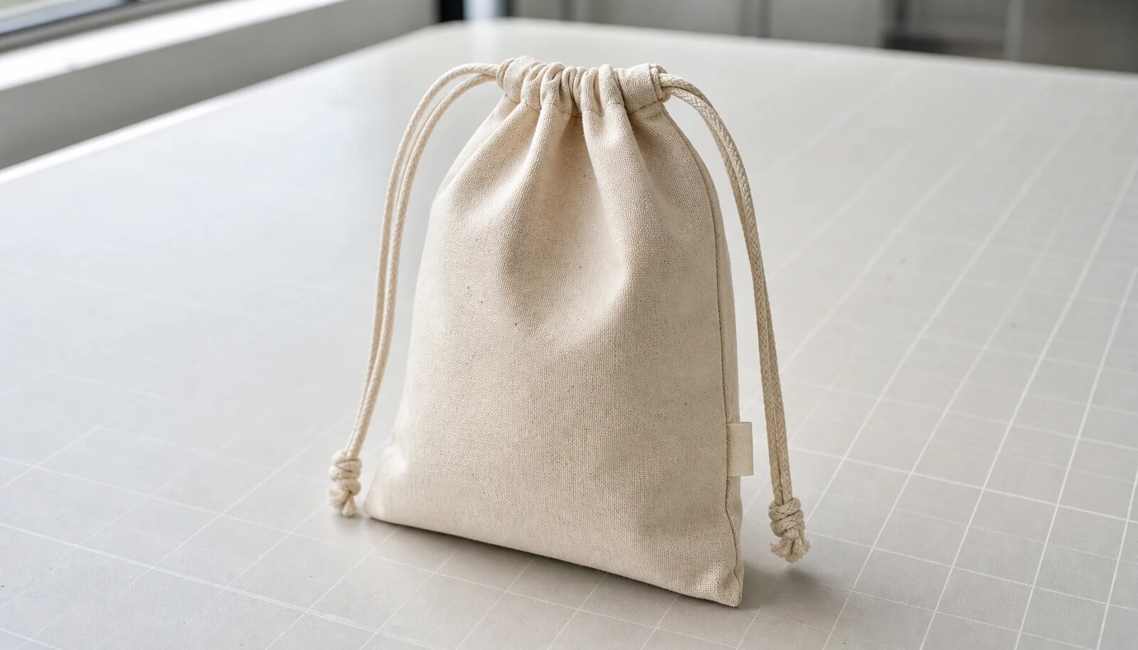 Cotton drawstring pouch sample with a CTM side label in a factory sample room