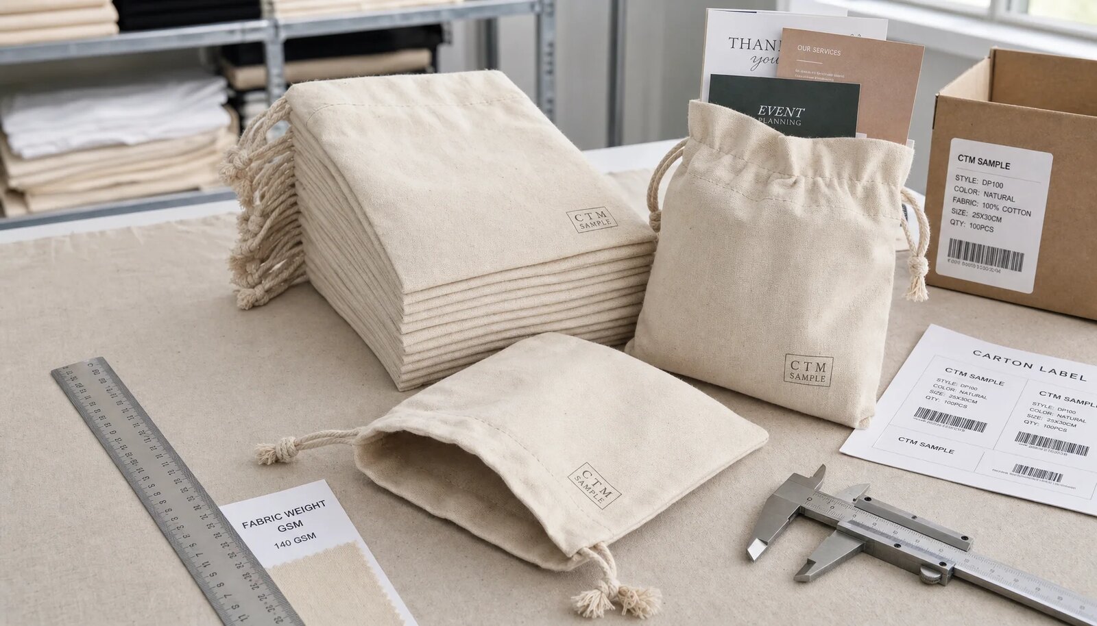 Natural cotton drawstring pouches with printed logo, ruler, swatch card, and inspection tools for event sourcing QC