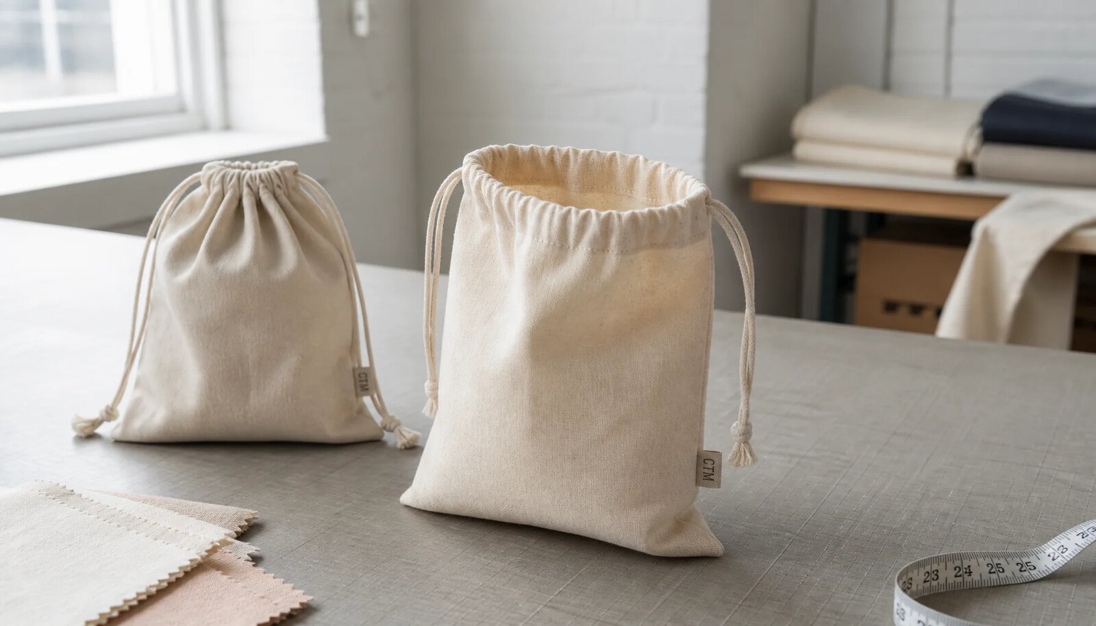 Natural cotton drawstring pouches with a sewn CTM side label in a clean factory sample room.