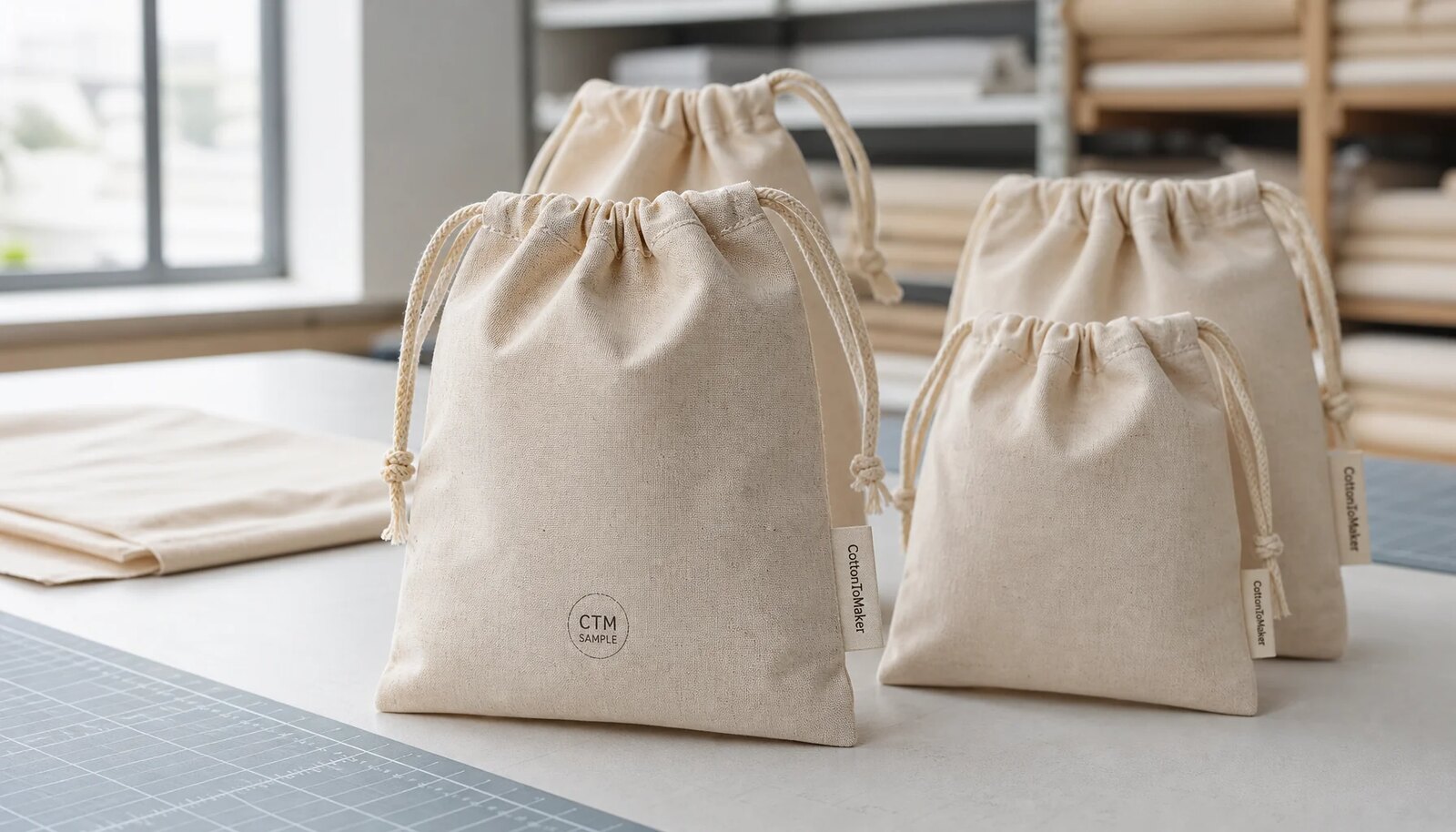 Natural cotton drawstring pouches with printed logo, sewn label, stitching, and cord details in a factory sample room.