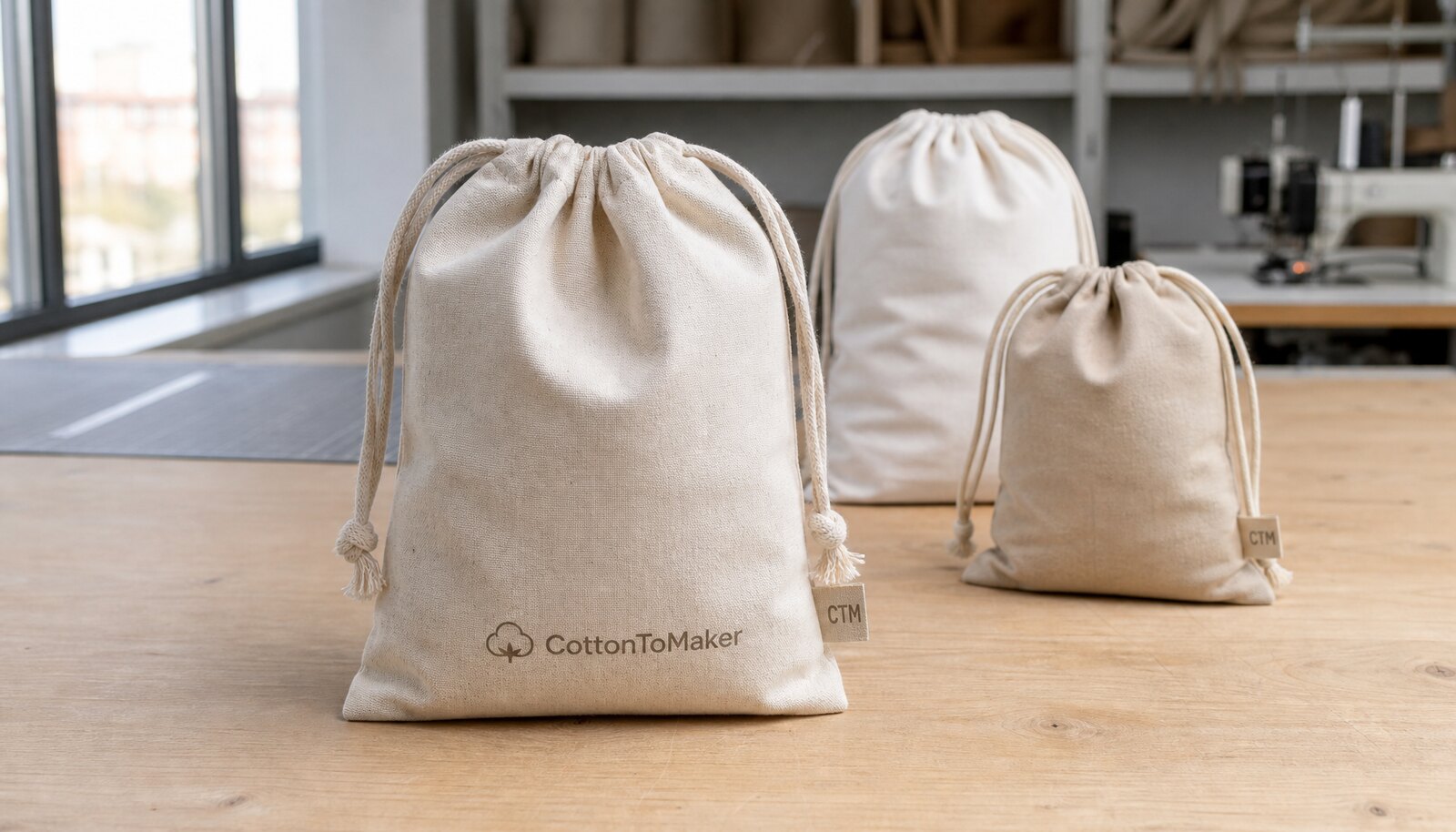 Cotton drawstring pouches with a CTM/CottonToMaker sample logo in a factory sample room.