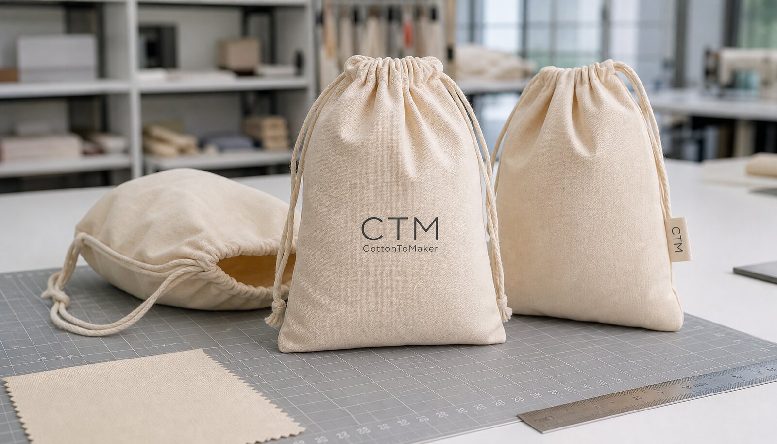 Cotton drawstring pouches with a simple CTM sample logo shown in a clean factory sample room.