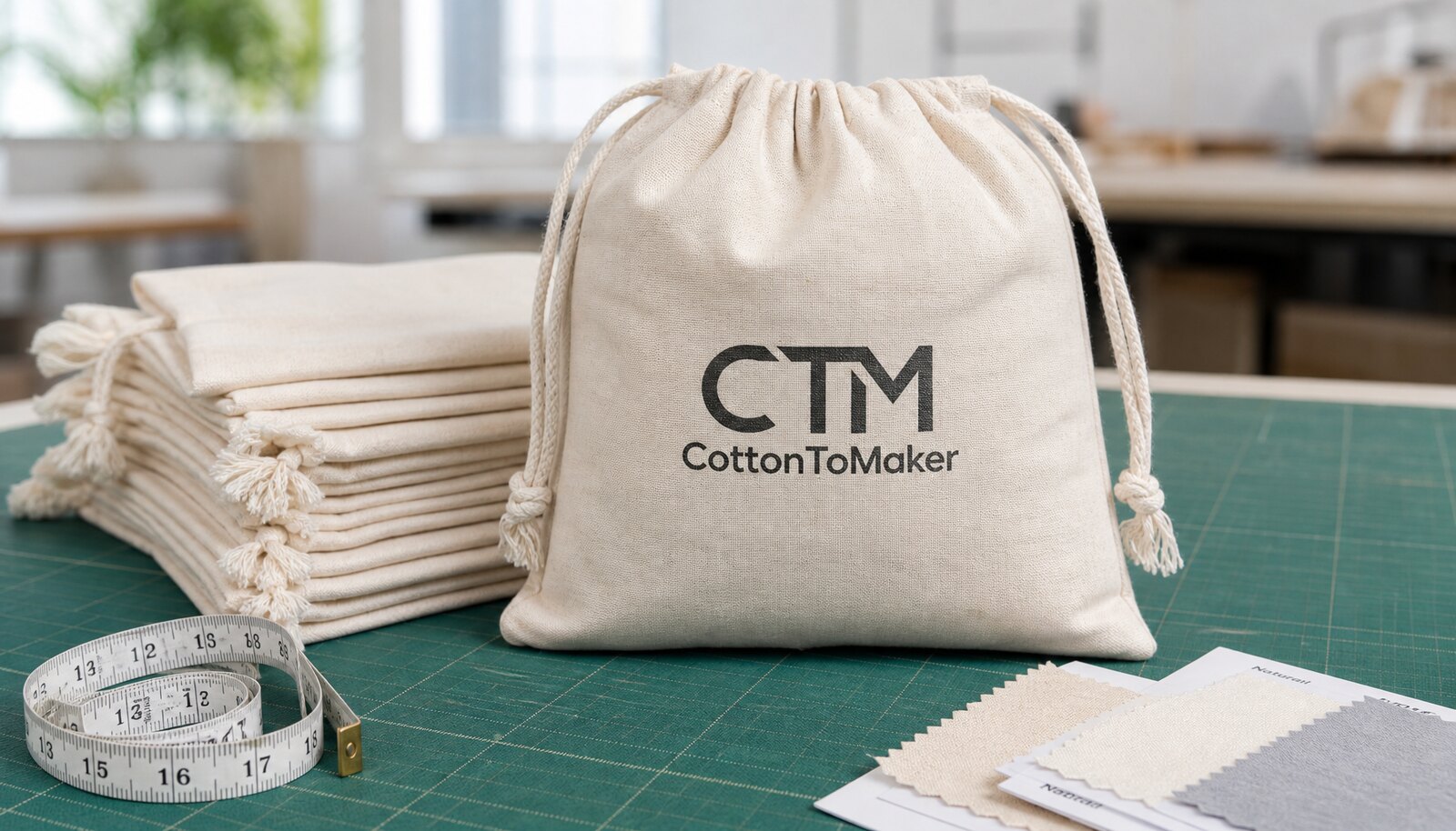 Cotton drawstring pouches with a simple CTM CottonToMaker logo printed on the front center in a factory sample room.