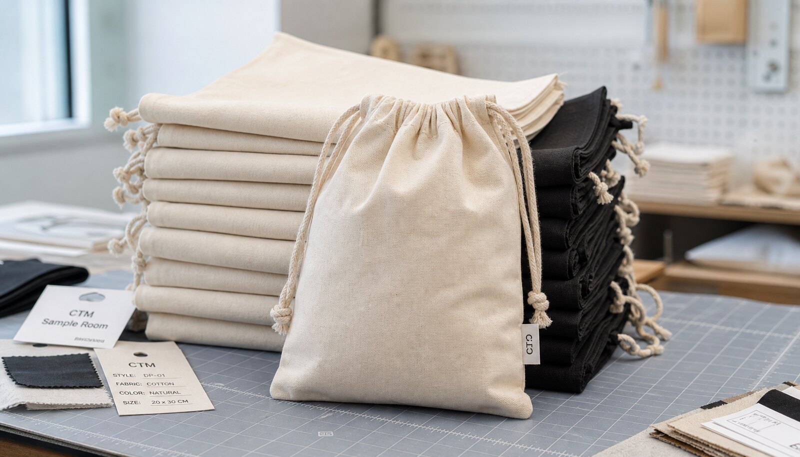 Cotton drawstring pouches with a small CTM CottonToMaker woven side label in a factory sample room