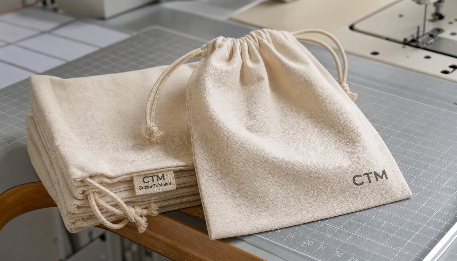Cotton drawstring pouches with a small CTM CottonToMaker label and logo, shown in a clean factory sample room