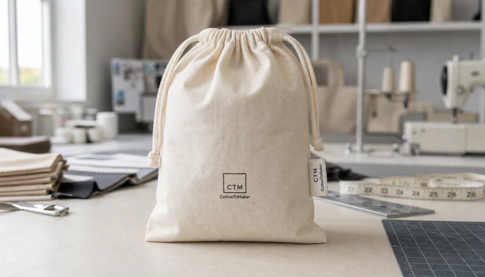 Cotton drawstring pouch with a simple CTM side label and logo print in a factory sample room