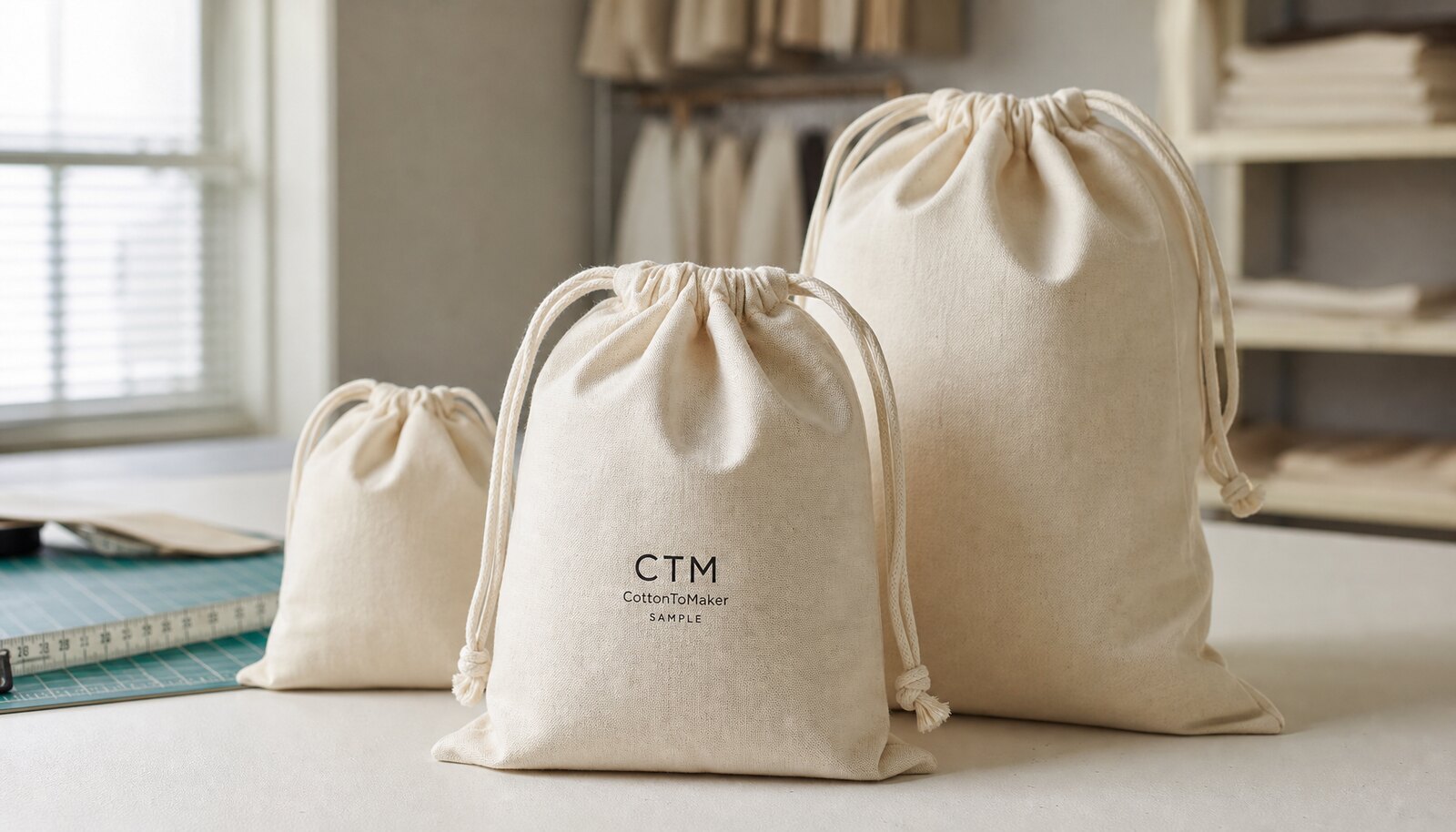 Natural cotton drawstring pouches for hotels with a simple CTM sample logo printed on the front in a factory sample room