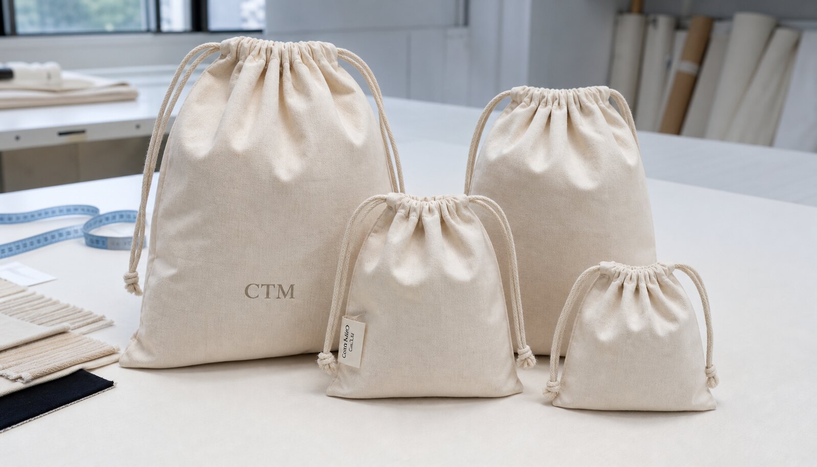 Natural cotton drawstring pouches with a small CTM CottonToMaker label shown in a clean factory sample room
