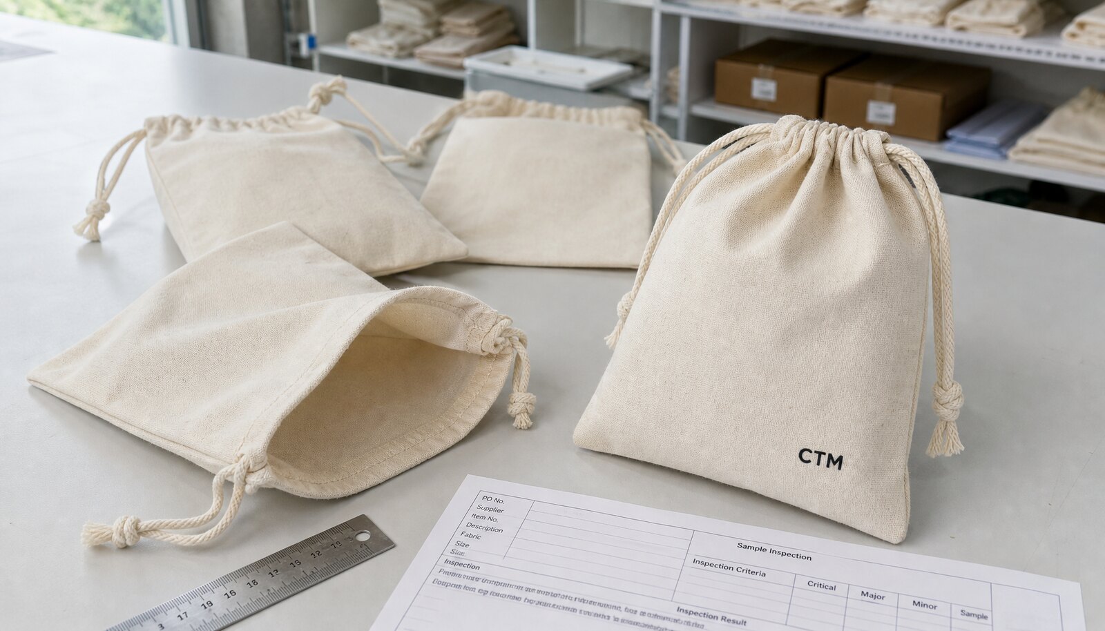 Natural cotton drawstring pouches with a small CTM sample logo in a factory sample room