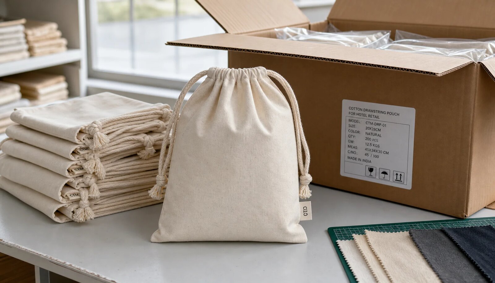 Cotton drawstring pouches with CTM sample logo packed beside an export carton for hotel retail.