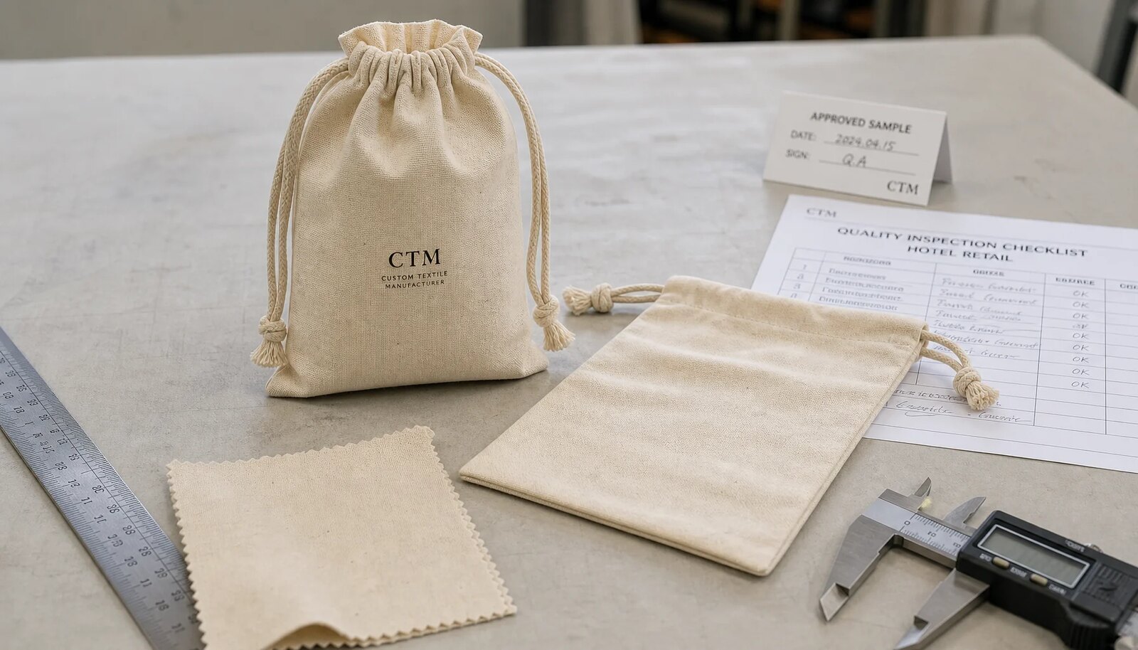 Natural cotton drawstring pouches with CTM sample logo on a clean studio inspection table