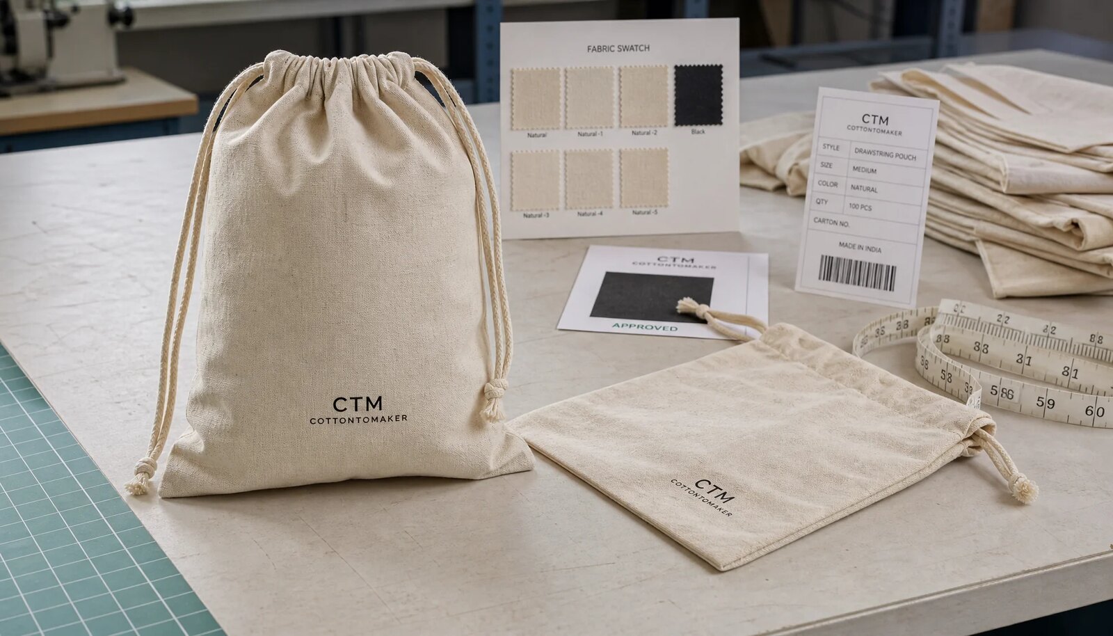 Natural cotton drawstring pouches with logo, swatch, tape measure, and packing sample for hotel retail sourcing