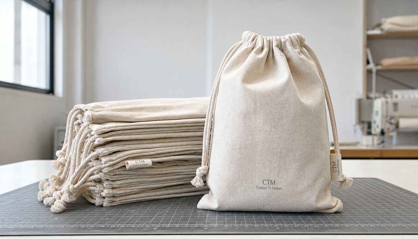 Natural cotton drawstring pouch with a small stitched CTM / CottonToMaker label in a factory sample room