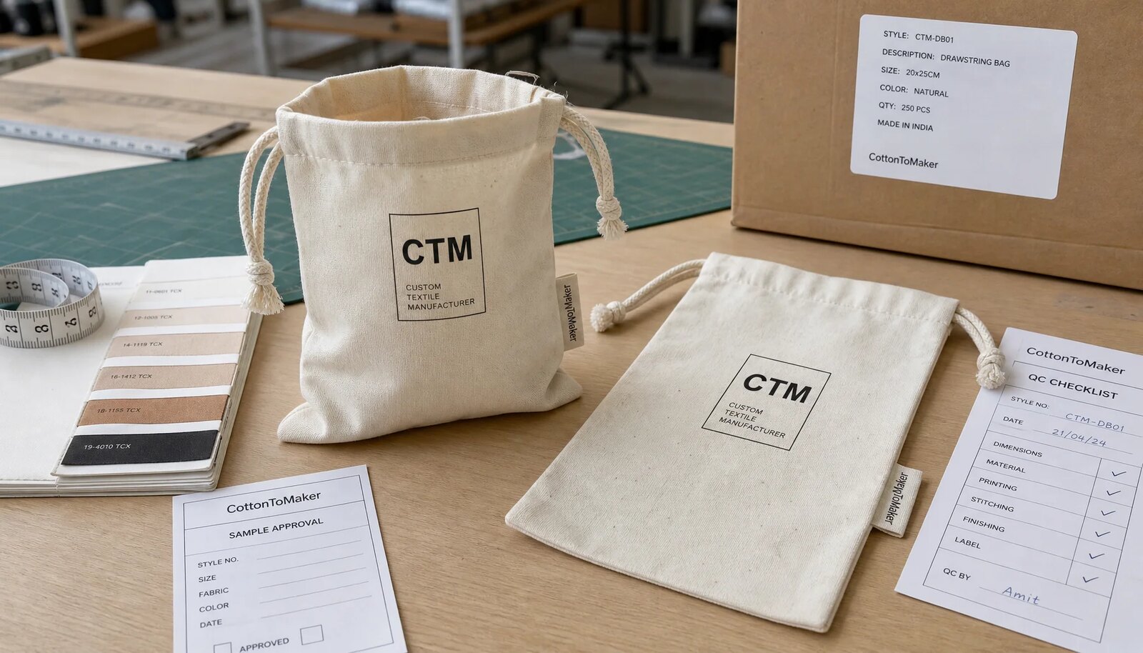 Natural cotton drawstring pouches with CTM sample logo, side label, swatches, carton labels, and measuring tape in a sample room