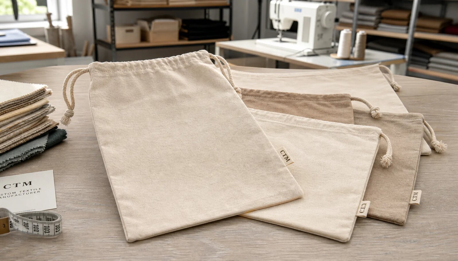 Natural cotton drawstring pouch with a CTM woven side label in a factory sample room