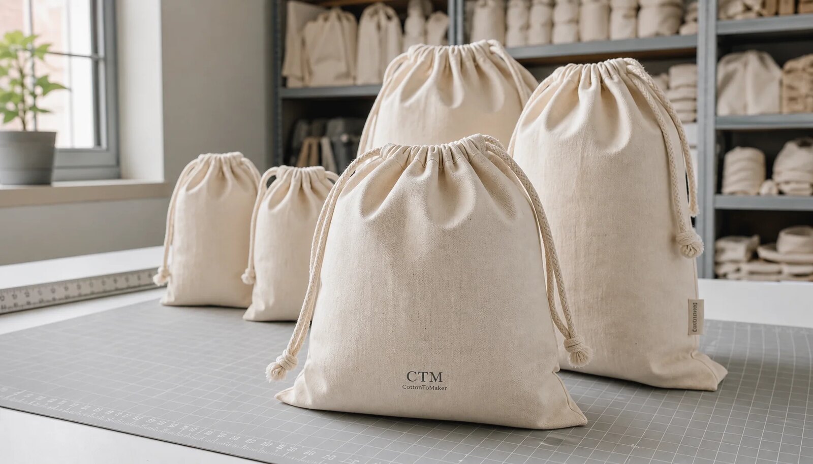 Natural cotton drawstring pouches with CTM sample logo placement options in a factory sample room