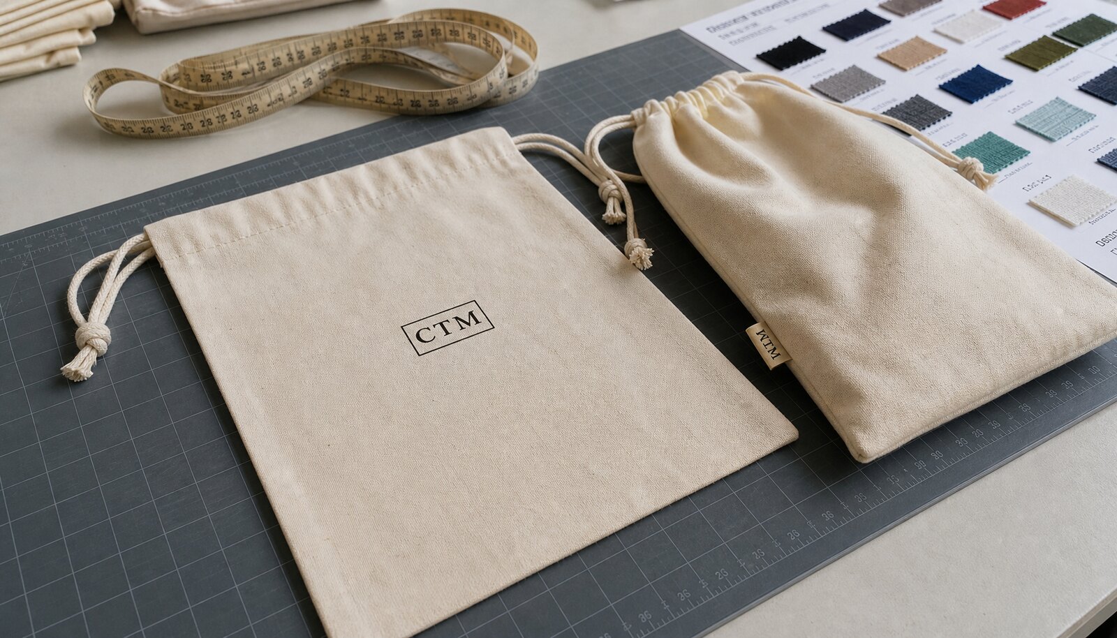Natural cotton drawstring pouch in a factory sample room with a simple CTM logo printed on the front center