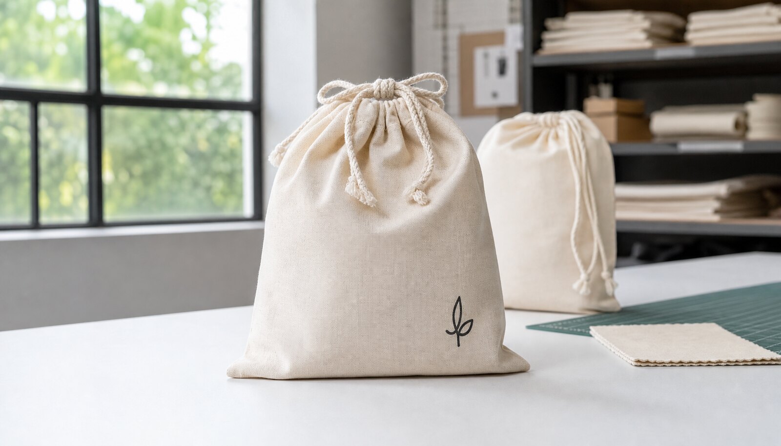 Cotton drawstring pouch with a simple sample logo printed on the front in a factory sample room