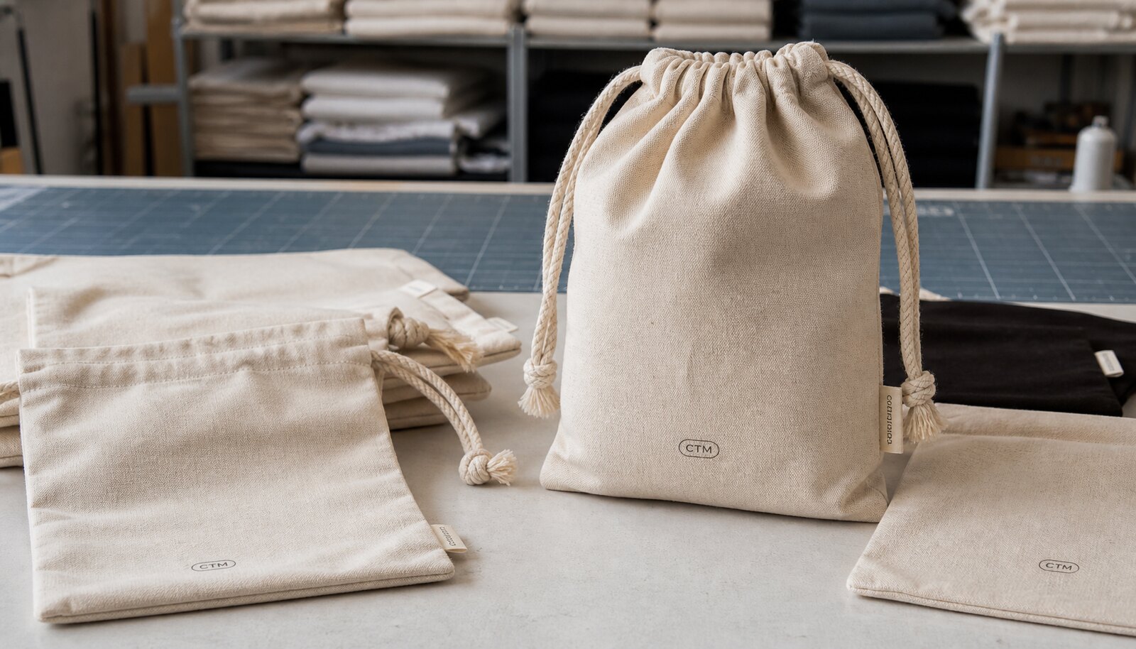 Cotton drawstring pouches with a small CTM logo printed on the front in a clean sample room