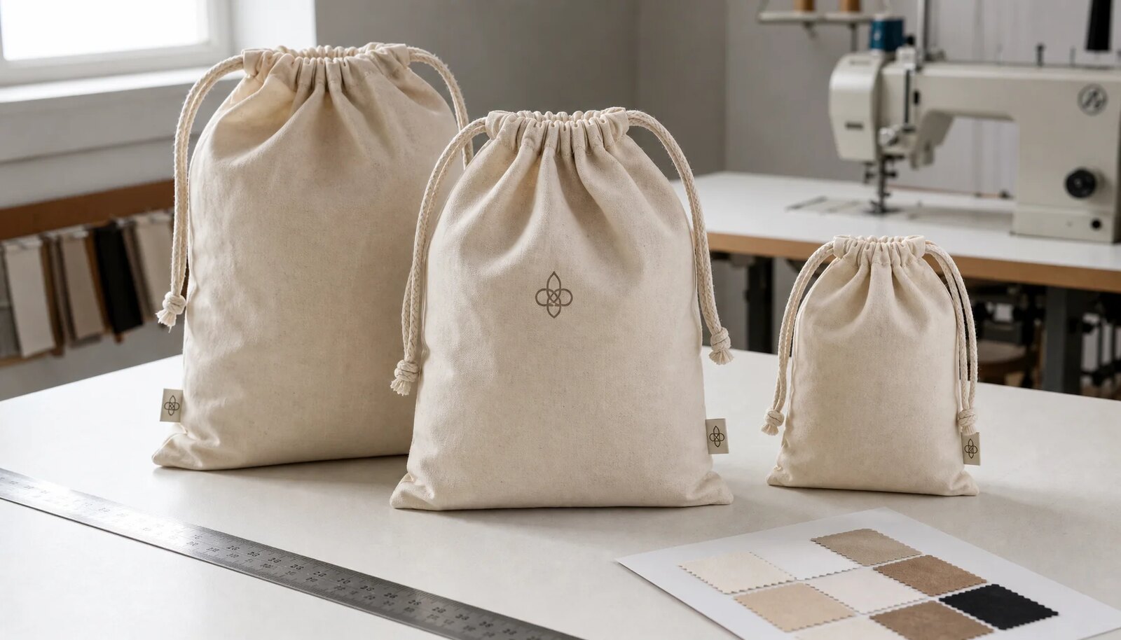 Natural cotton drawstring pouches with fabric swatches and measuring ruler in a factory sample room