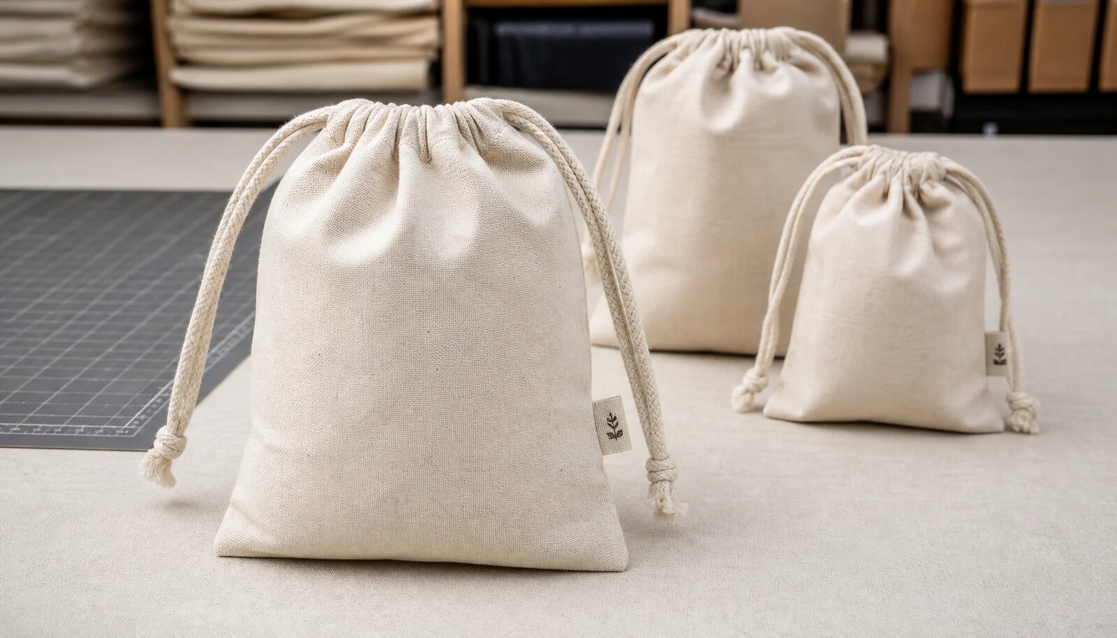 Cotton drawstring pouches with a small sewn CTM CottonToMaker label in a factory sample room