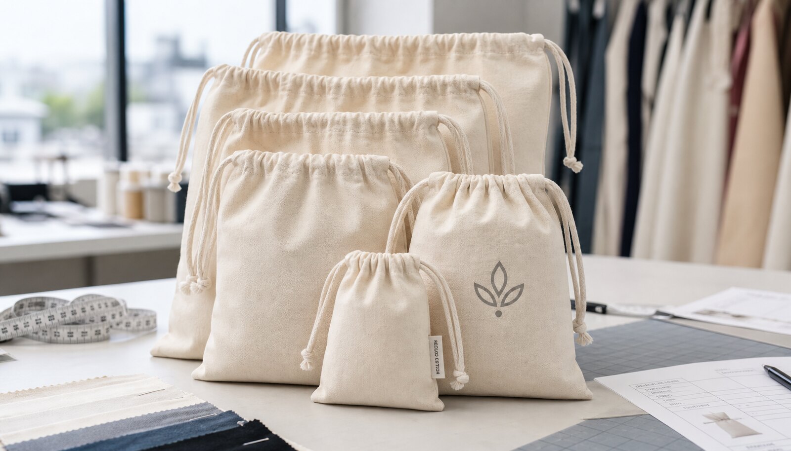 Natural cotton drawstring pouches in a factory sample room with labels, swatches, and inspection tools