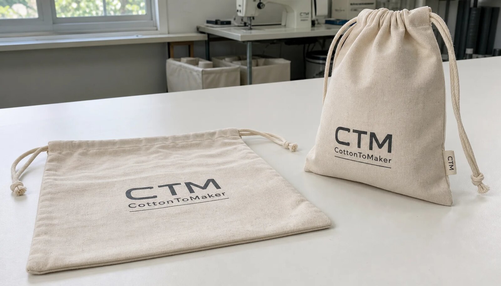 Cotton drawstring pouch with a simple CTM sample logo printed on the front in a clean factory sample room