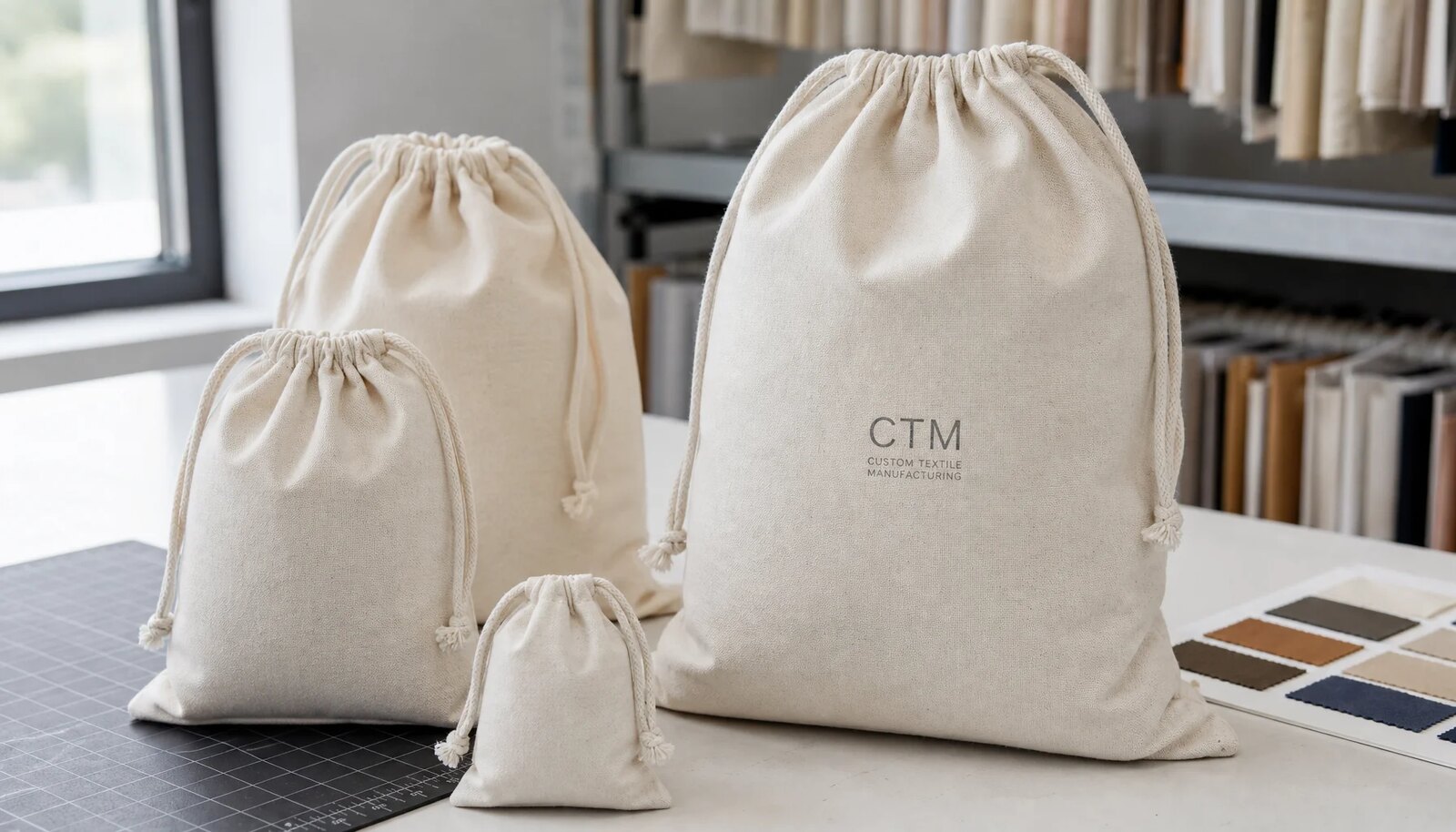 Natural cotton drawstring pouches with a simple CTM sample logo printed on the front in a clean factory sample room.