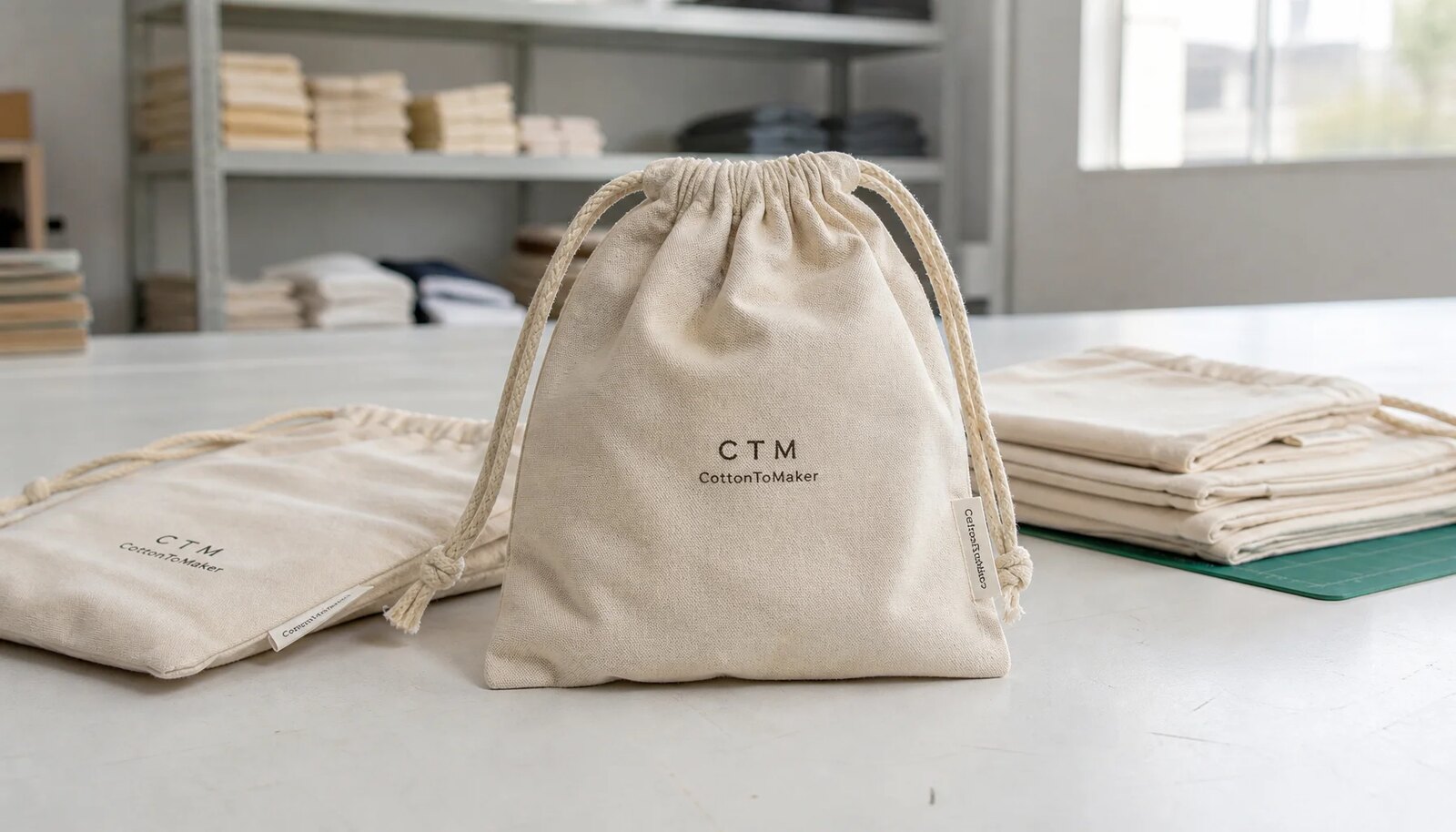 Cotton drawstring pouch sample with a CTM/CottonToMaker logo printed on the front in a factory sample room