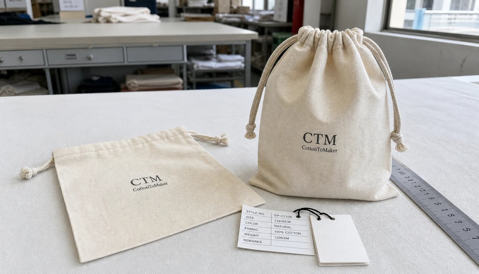 Natural cotton drawstring pouch with a CTM sample logo printed in a factory sample room.