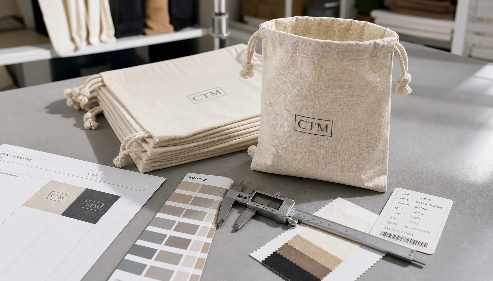 Natural cotton drawstring pouches with CTM sample logo, fabric swatches, measuring tools, and print proof sheets in a factory sample room