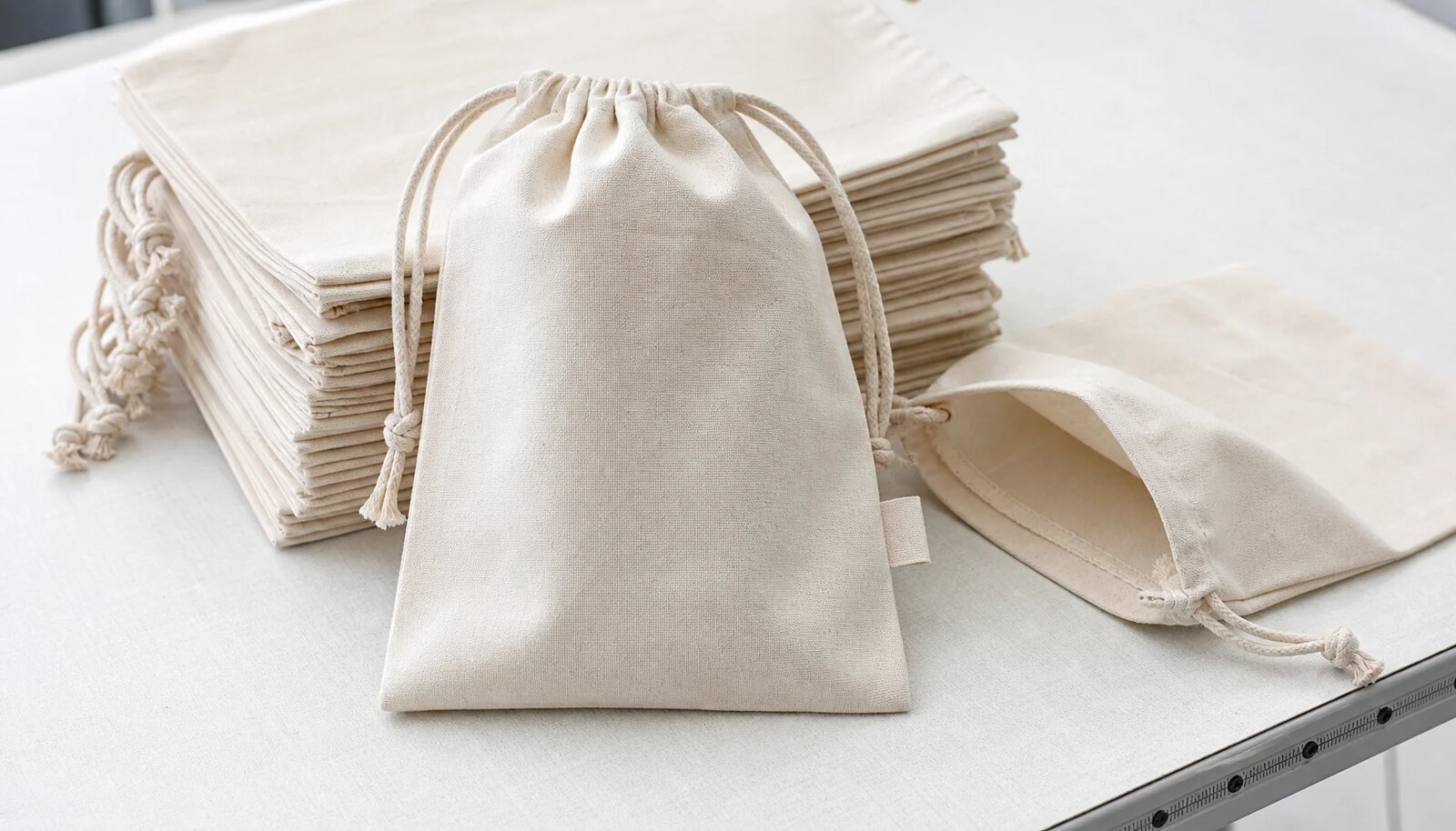 Natural cotton drawstring pouches with a small CTM woven side label in a factory sample room