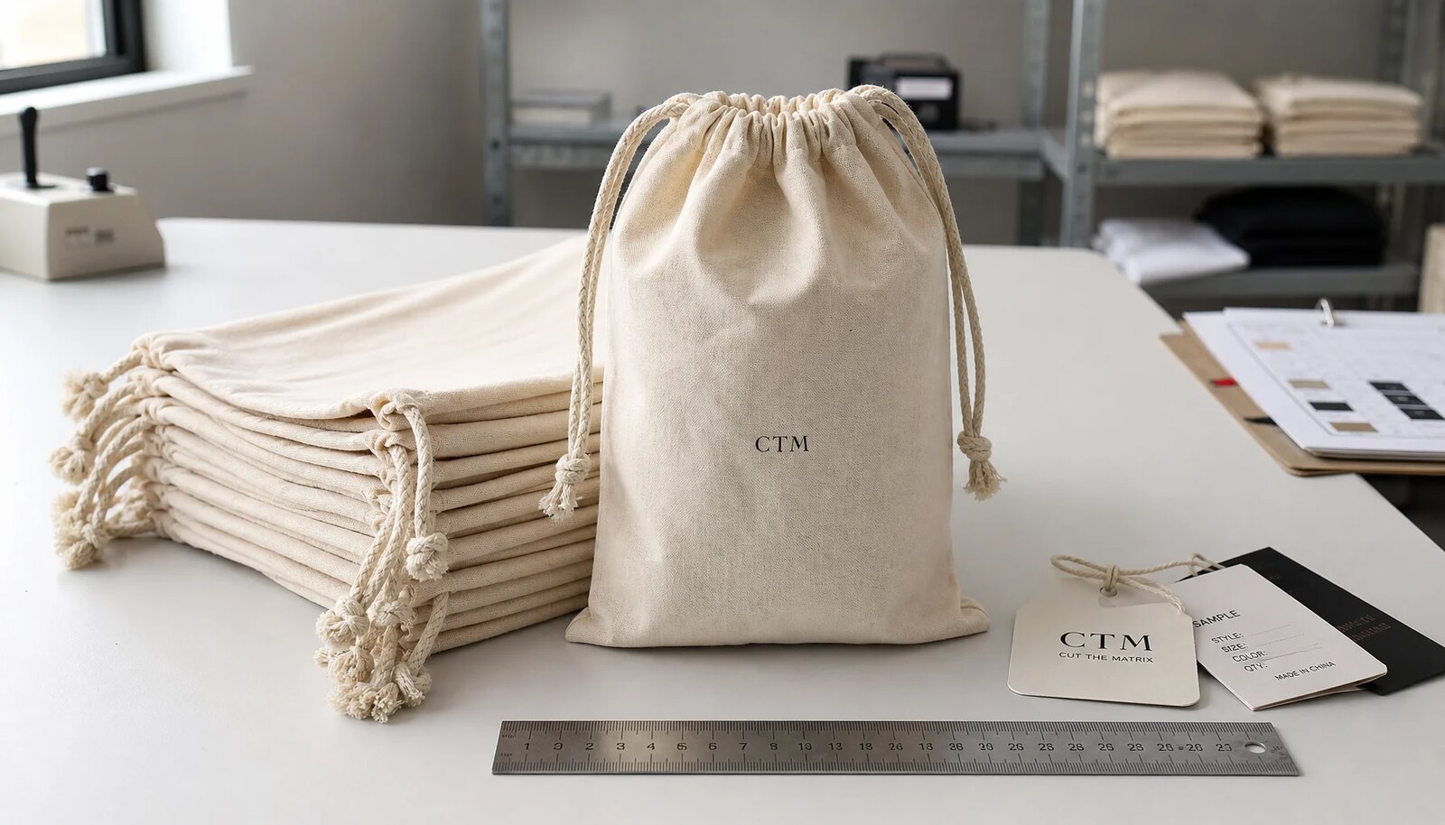 Stack of cotton drawstring pouches with a small CTM sample logo printed on one pouch in a factory sample room