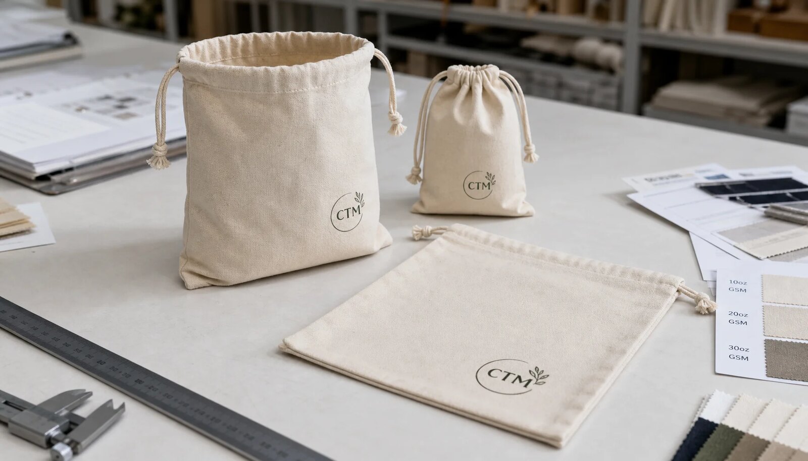 Natural cotton drawstring pouches with screen printed logo, fabric swatches, and measuring ruler on a sample table