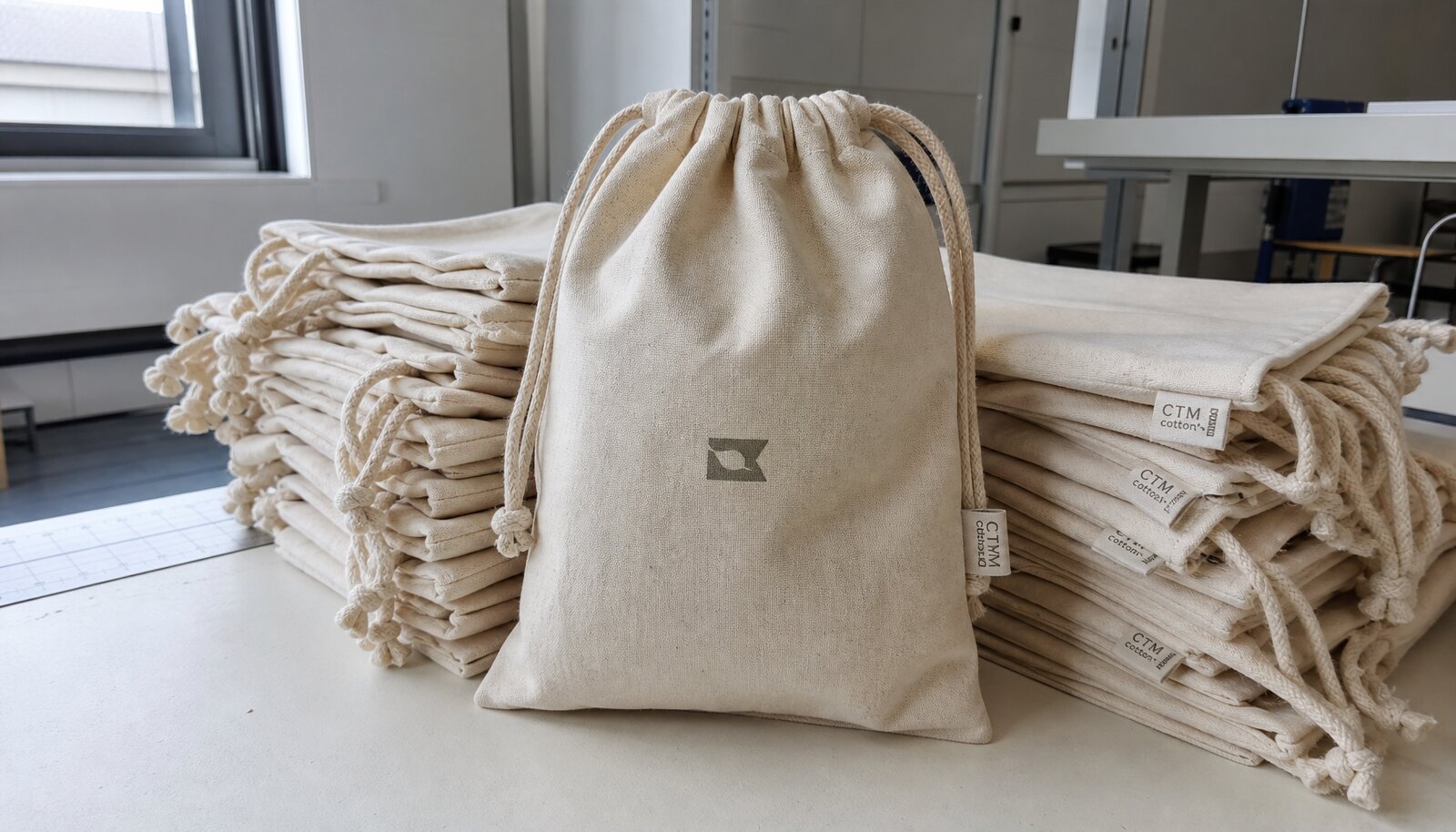 Photorealistic cotton drawstring pouches with a small CTM CottonToMaker sewn label in a factory sample room