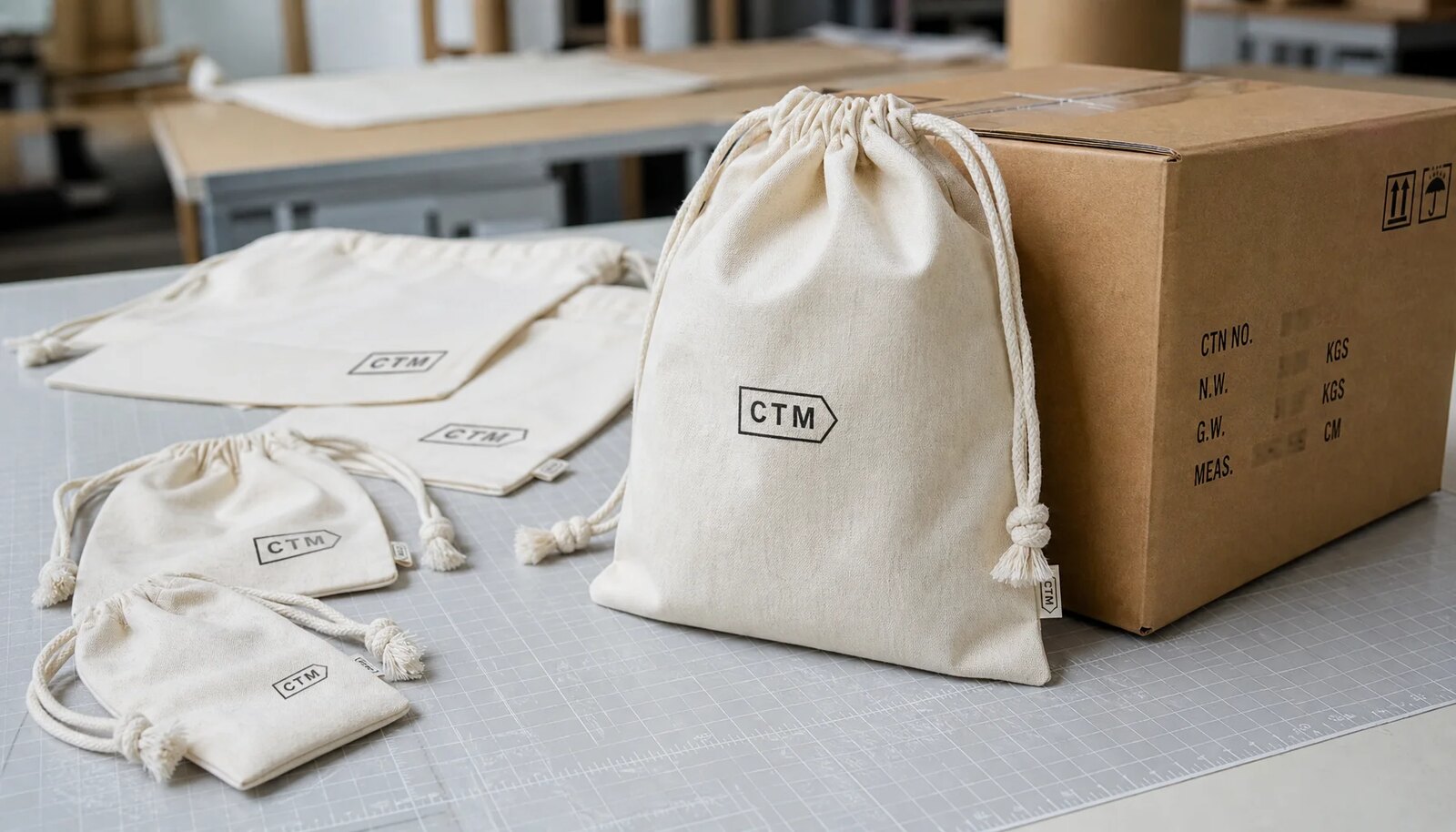Natural cotton drawstring pouches with CTM sample logo beside an export shipping carton